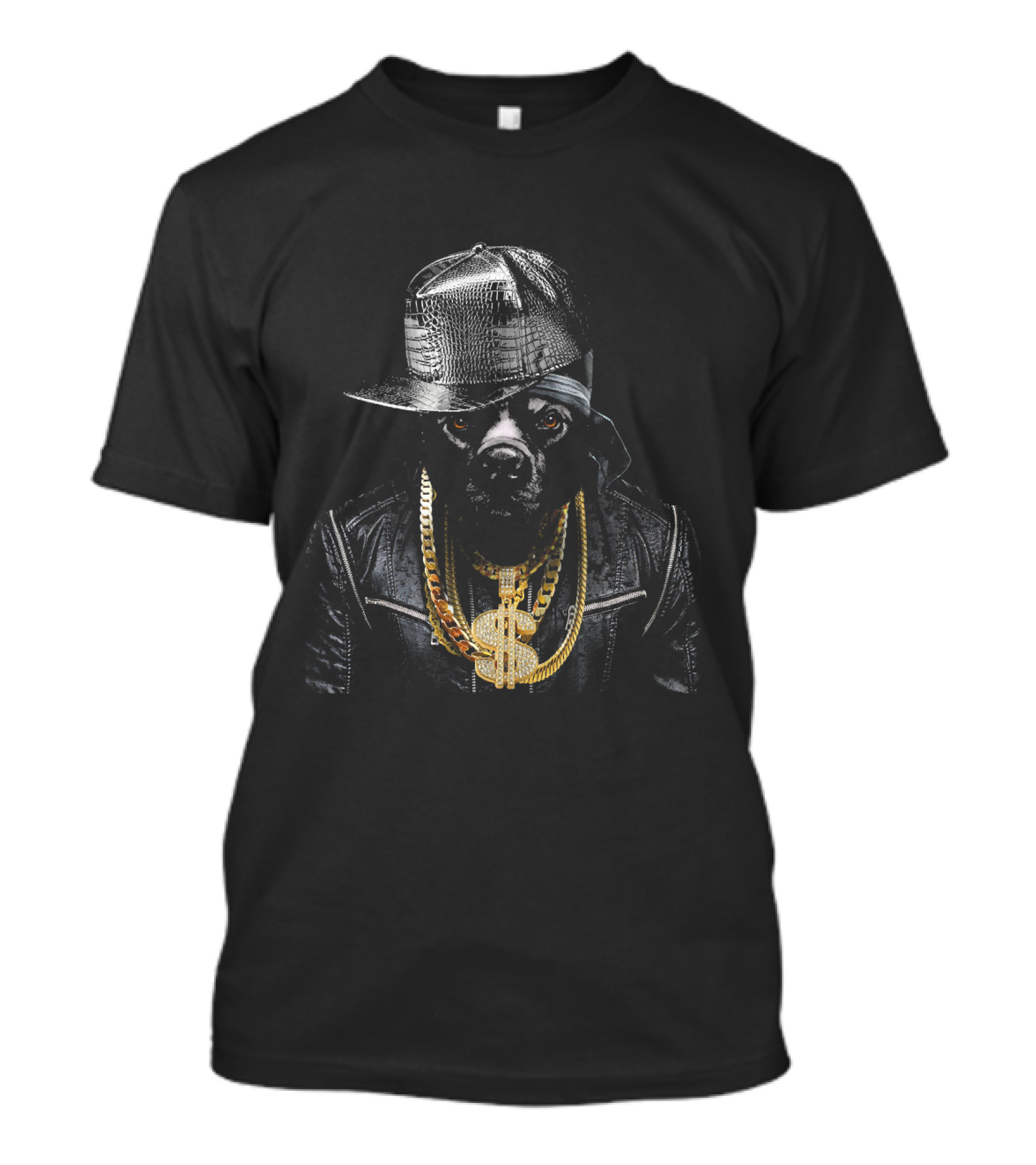 Black Pit Bull In Hip Hop Attire With Gold Chains And Cap T-Shirt