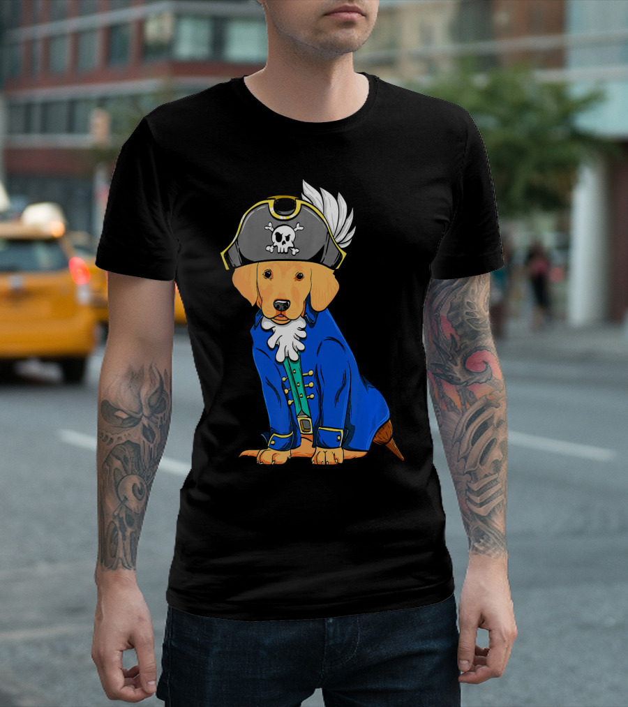 Golden Retriever in Pirate Costume with Skull Hat and Blue Coat T-Shirt
