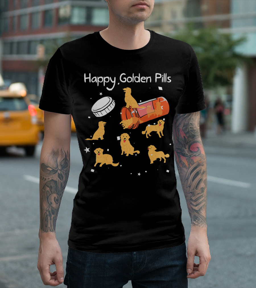 Happy Golden Pills Golden Retrievers Playful Scene T-Shirt