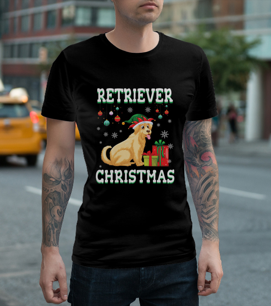 Golden Retriever Christmas With Noel Costume and Snowflakes T-Shirt