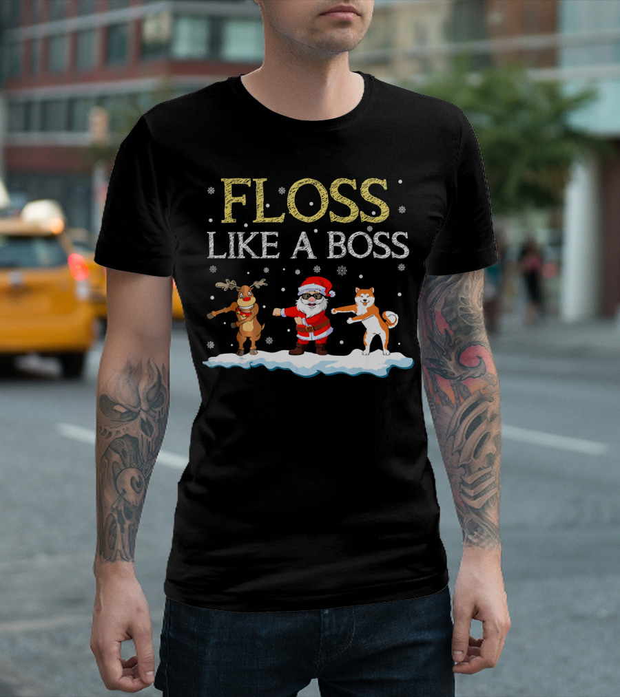 Floss Like A Boss Santa Akita Dog Reindeer Dance T-Shirt