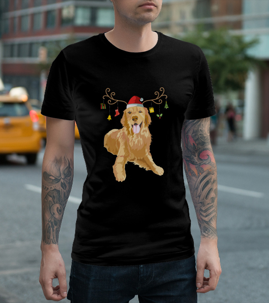 Golden Retriever Ugly Christmas Reindeer Antlers Hat T-Shirt