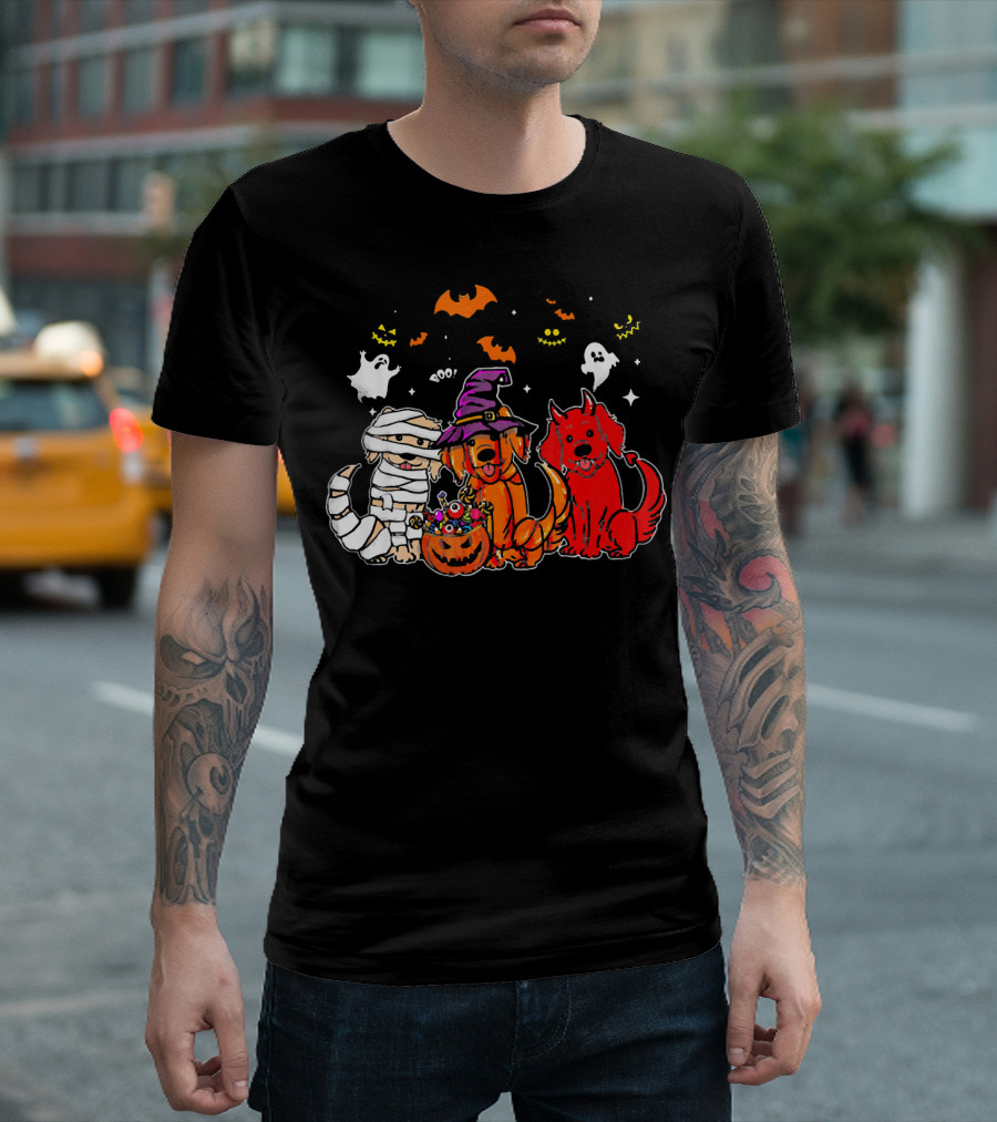 Golden Retriever Mummy Witch Halloween Trio with Ghosts and Bats T-Shirt