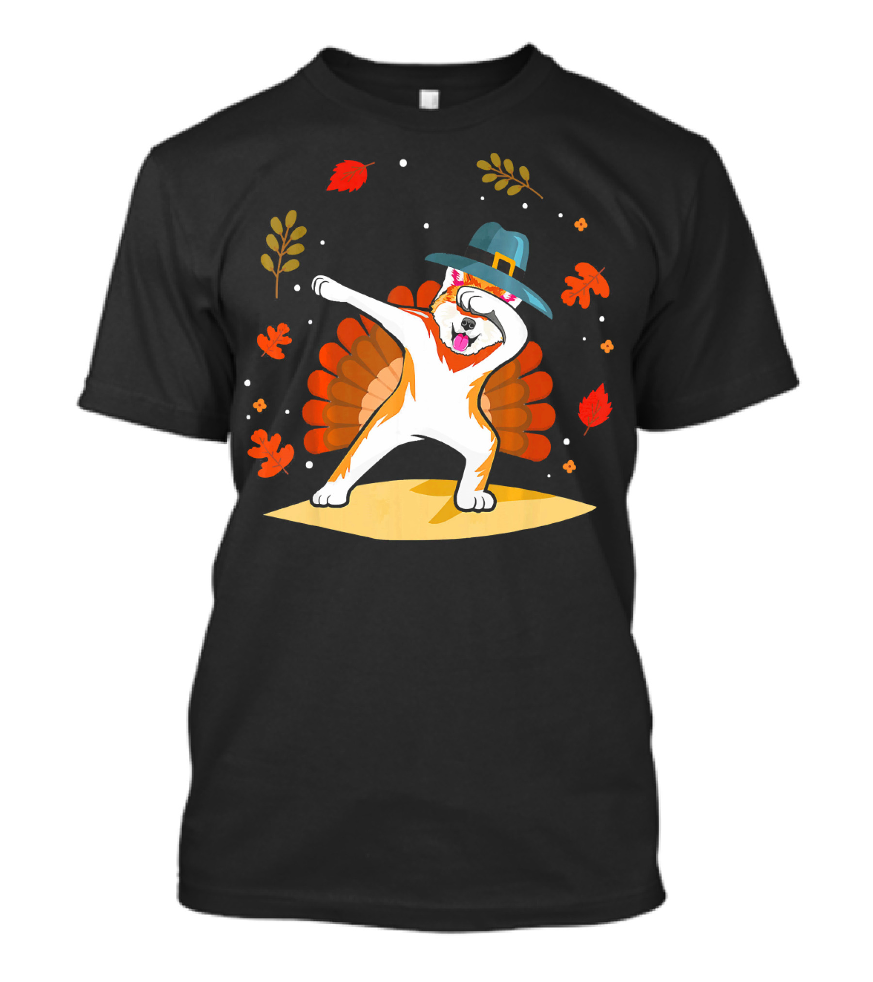 Akita Dog Dabbing Thanksgiving Pilgrim Hat Autumn Leaves Turkey Tail T-Shirt