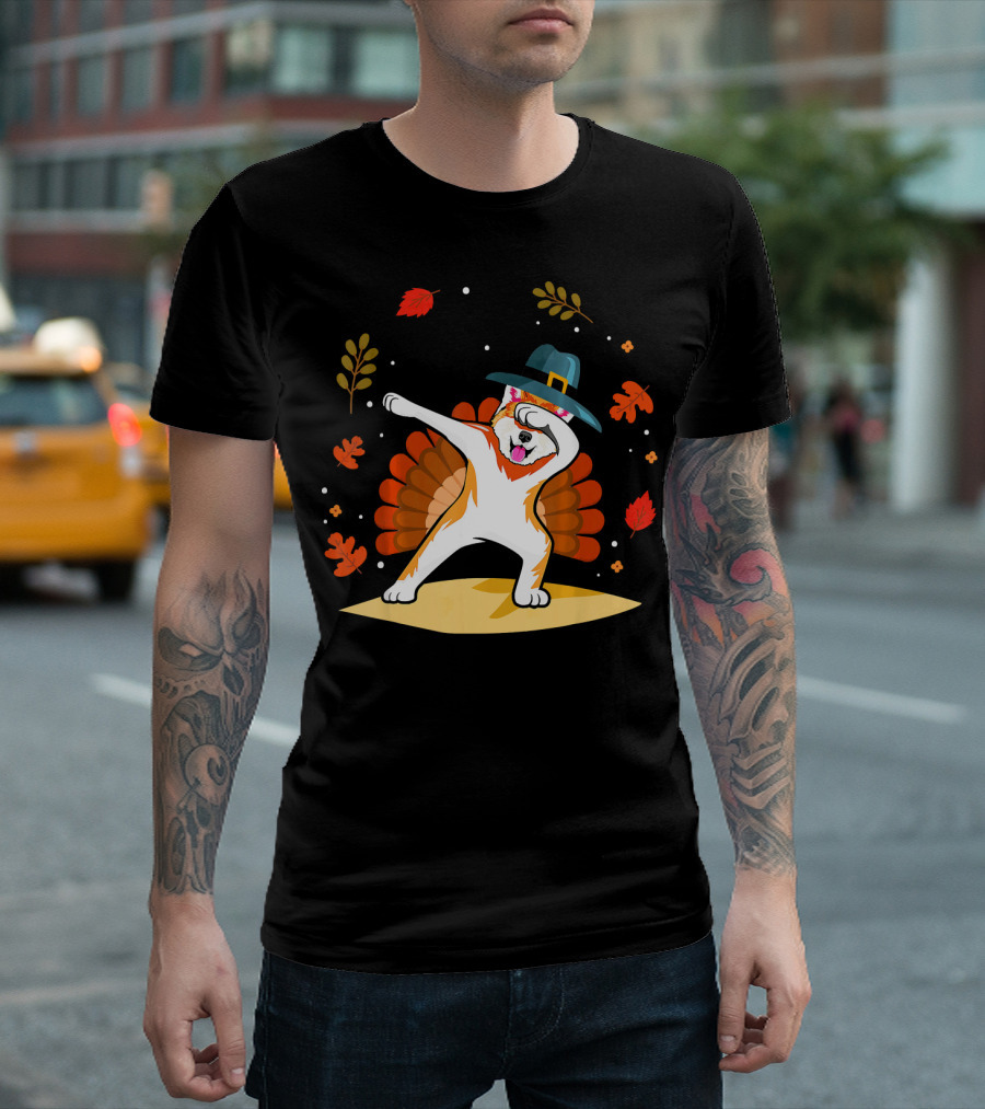 Akita Dog Dabbing Thanksgiving Pilgrim Hat Autumn Leaves Turkey Tail T-Shirt