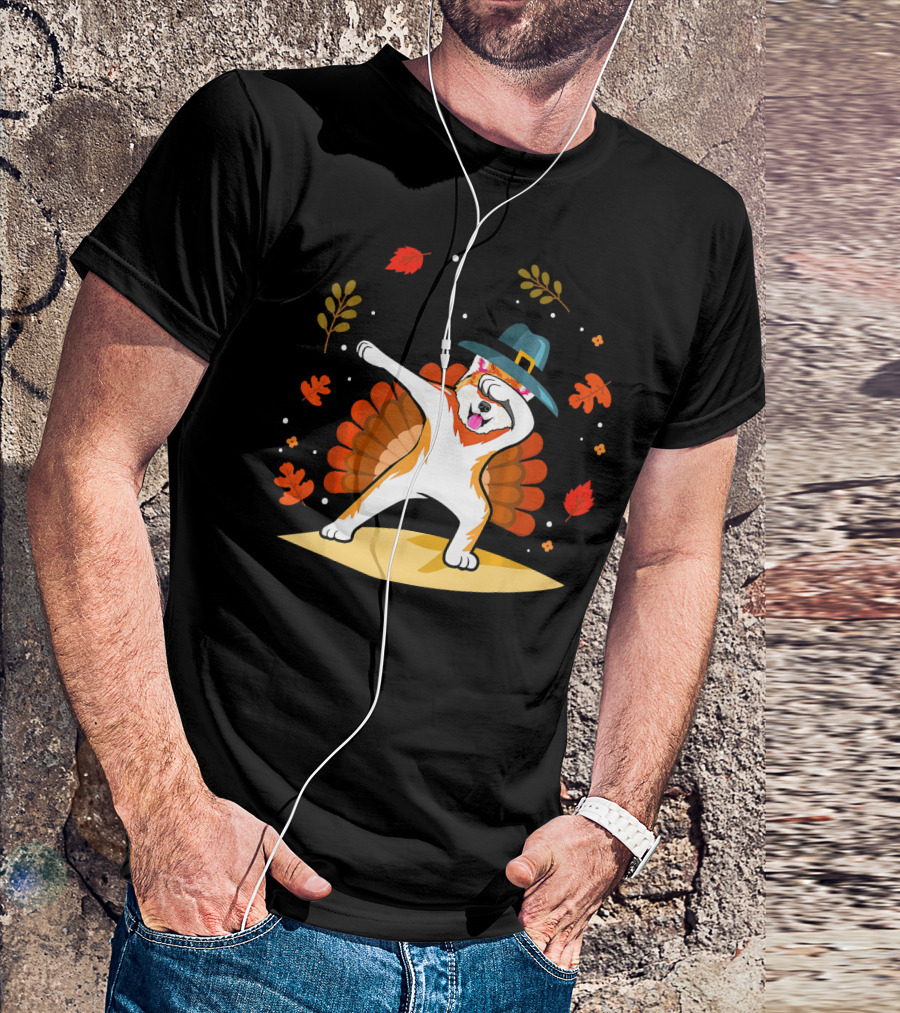 Akita Dog Dabbing Thanksgiving Pilgrim Hat Autumn Leaves Turkey Tail T-Shirt