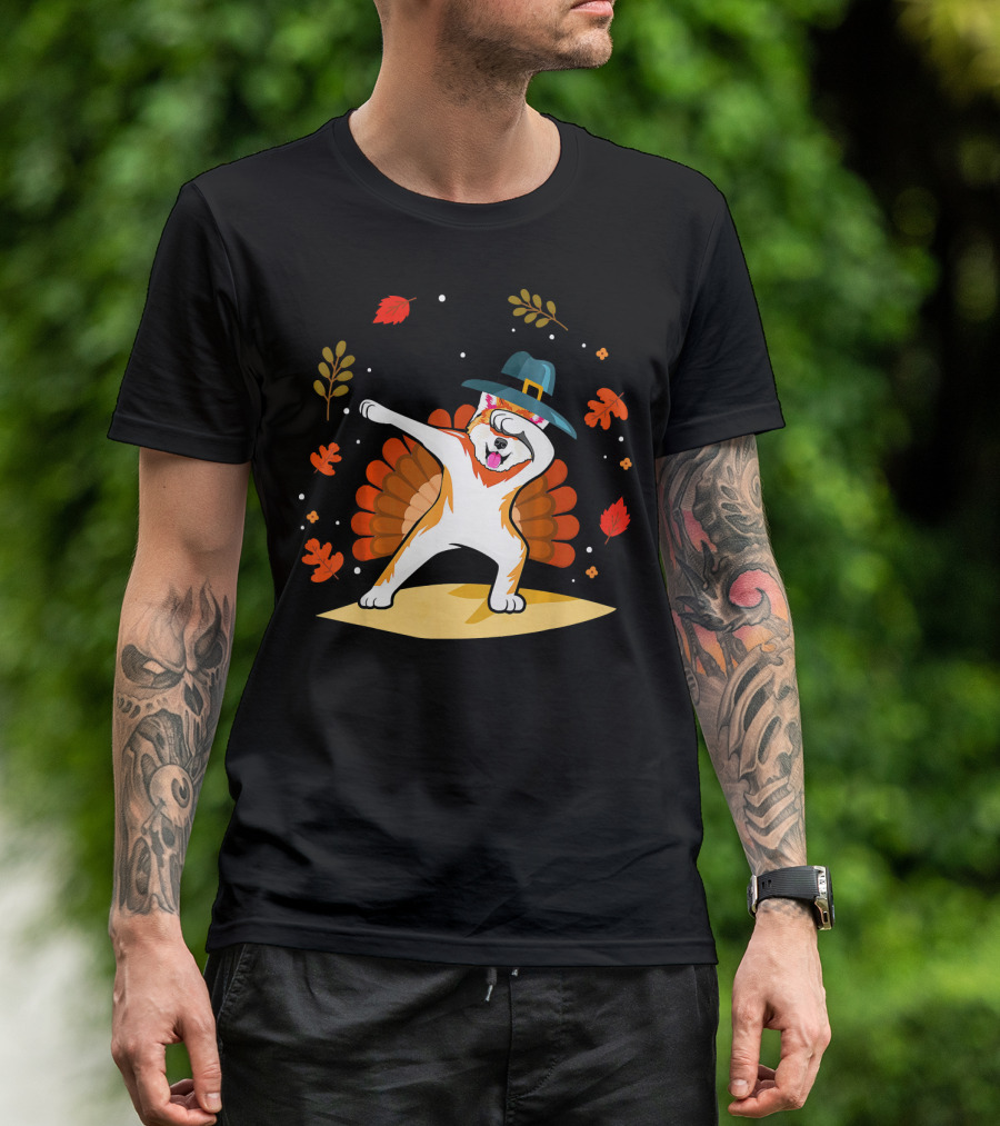 Akita Dog Dabbing Thanksgiving Pilgrim Hat Autumn Leaves Turkey Tail T-Shirt