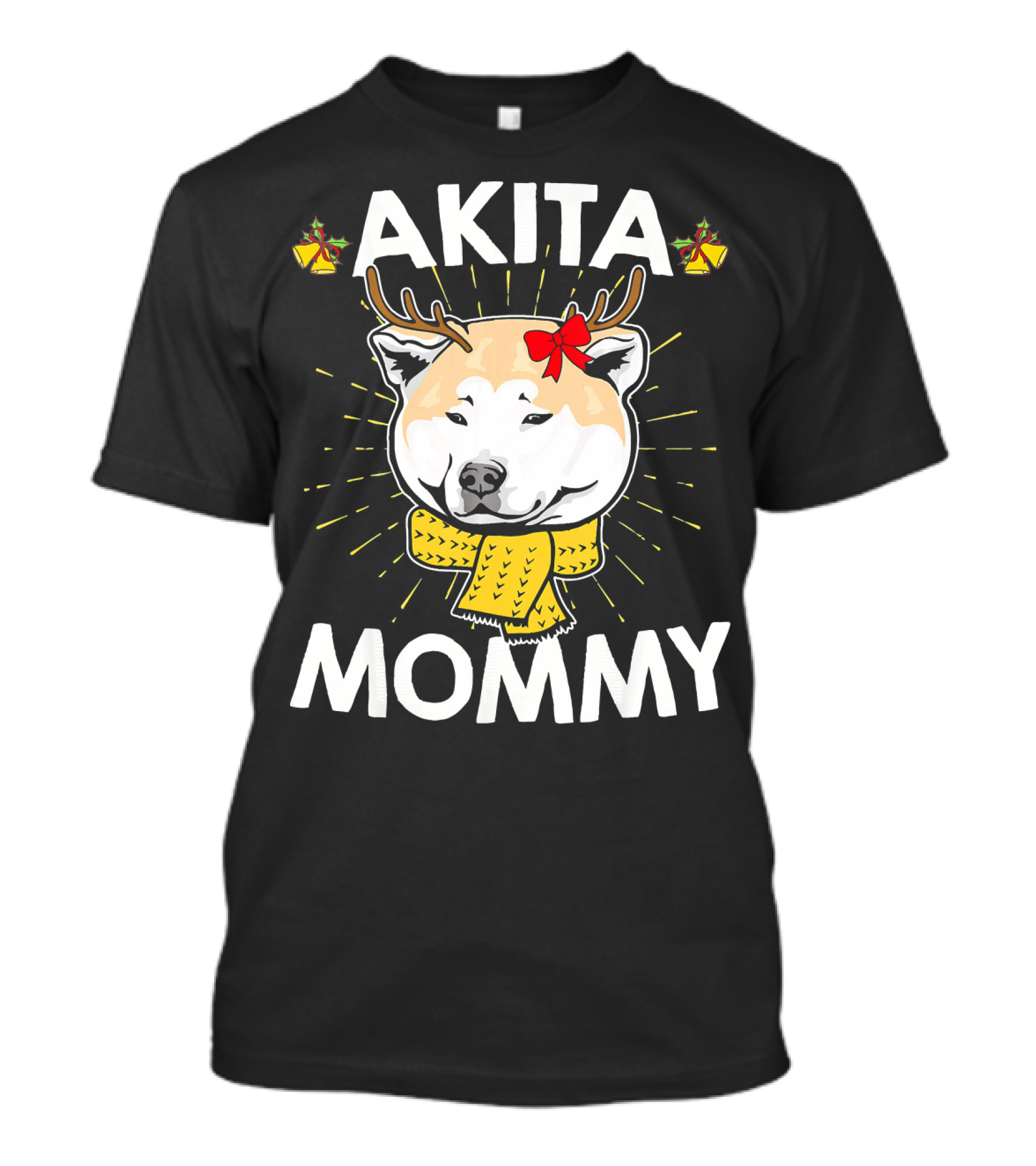 AKITA MOMMY Christmas Reindeer Dog With Yellow Scarf And Red Bow T-Shirt