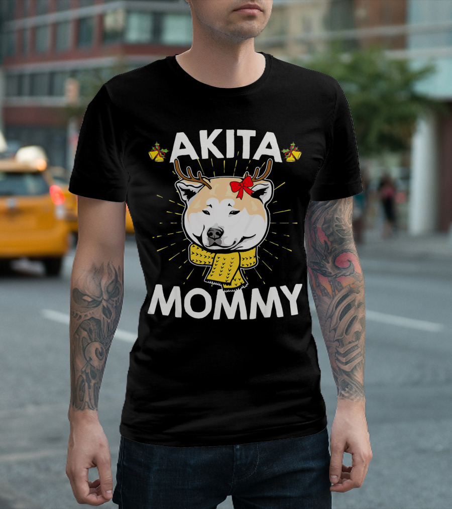 AKITA MOMMY Christmas Reindeer Dog With Yellow Scarf And Red Bow T-Shirt