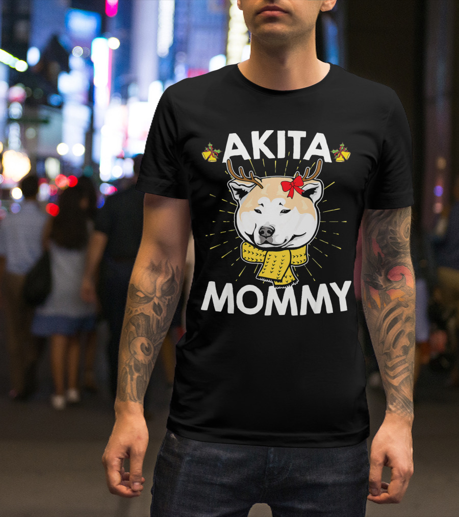 AKITA MOMMY Christmas Reindeer Dog With Yellow Scarf And Red Bow T-Shirt