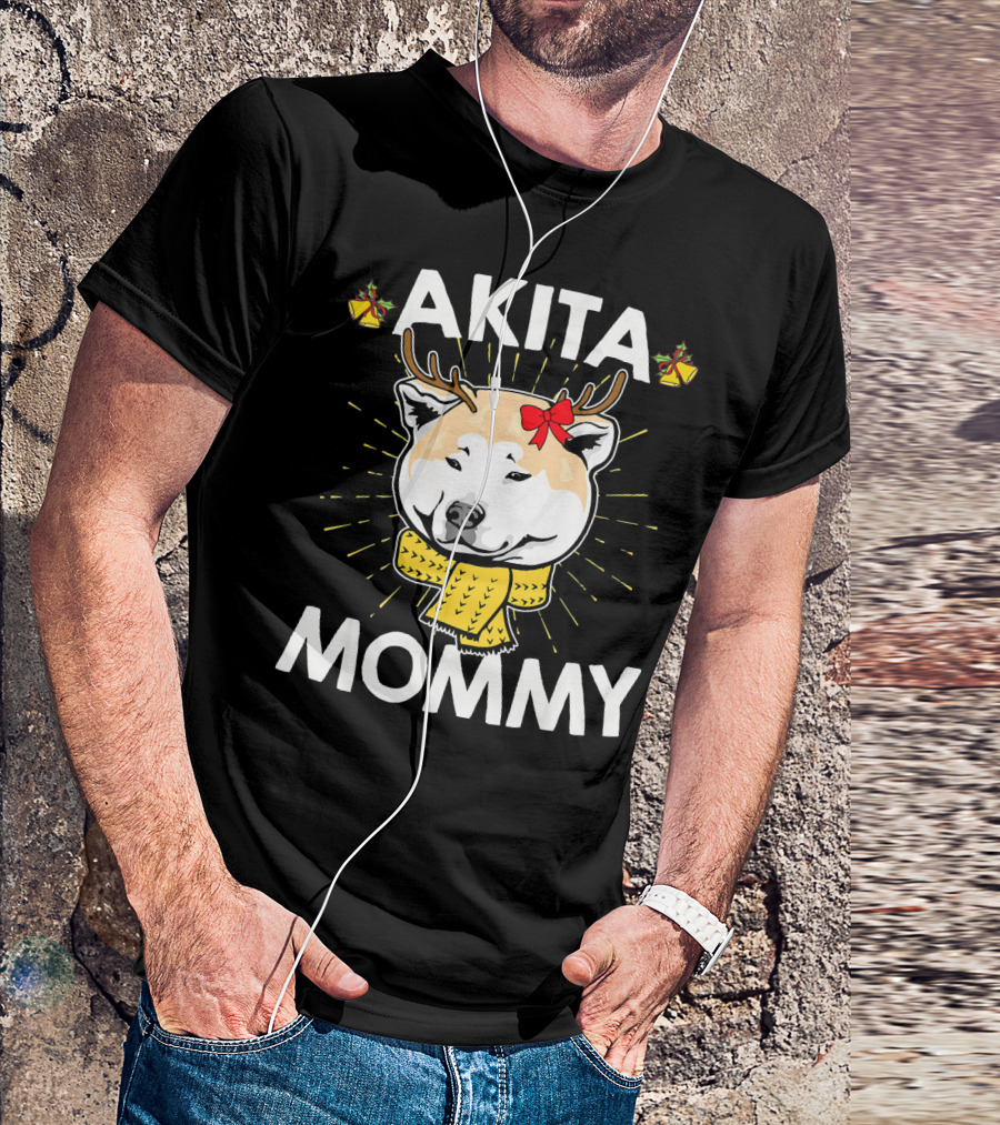 AKITA MOMMY Christmas Reindeer Dog With Yellow Scarf And Red Bow T-Shirt