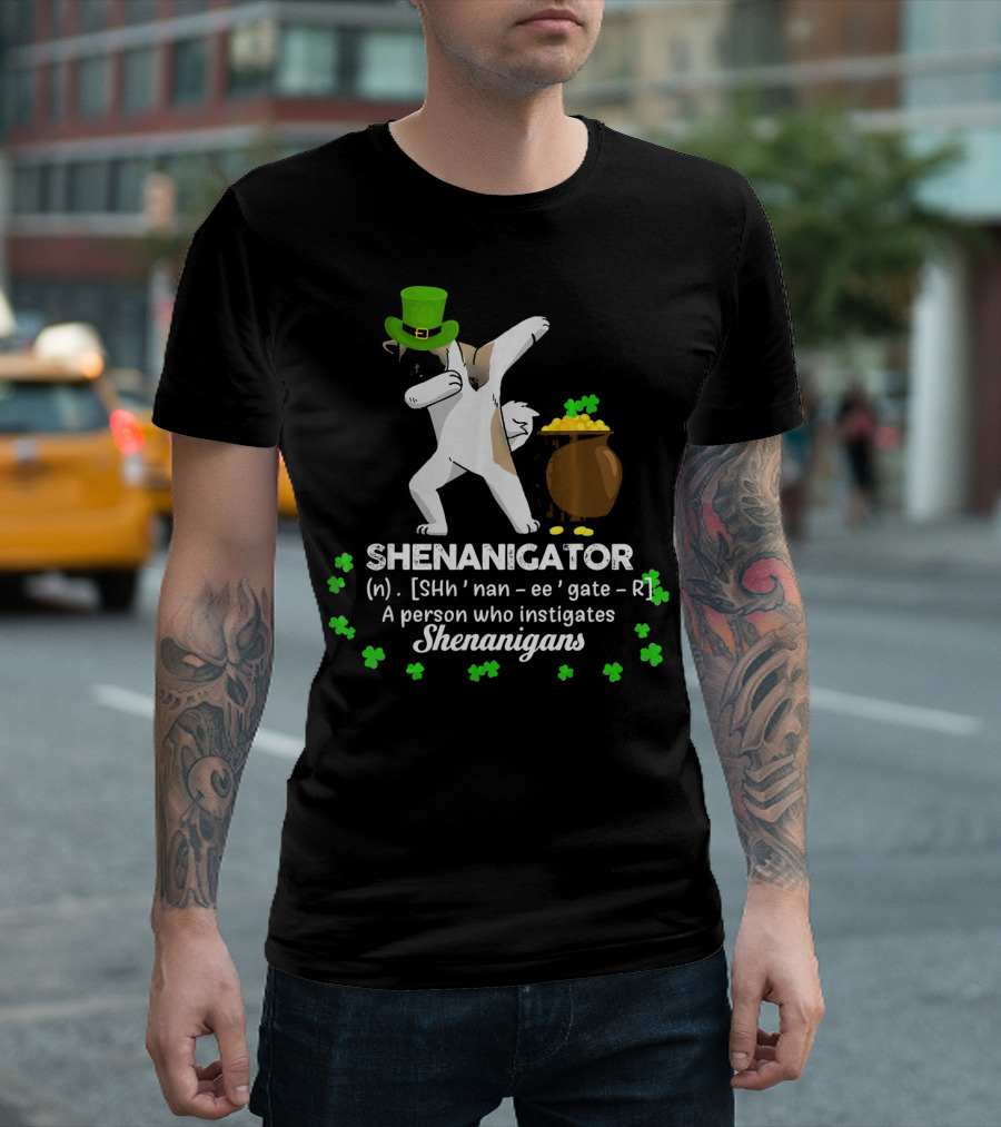 Shenanigator Akita Instigates Shenanigans with Lucky Green Hat and Gold T-Shirt