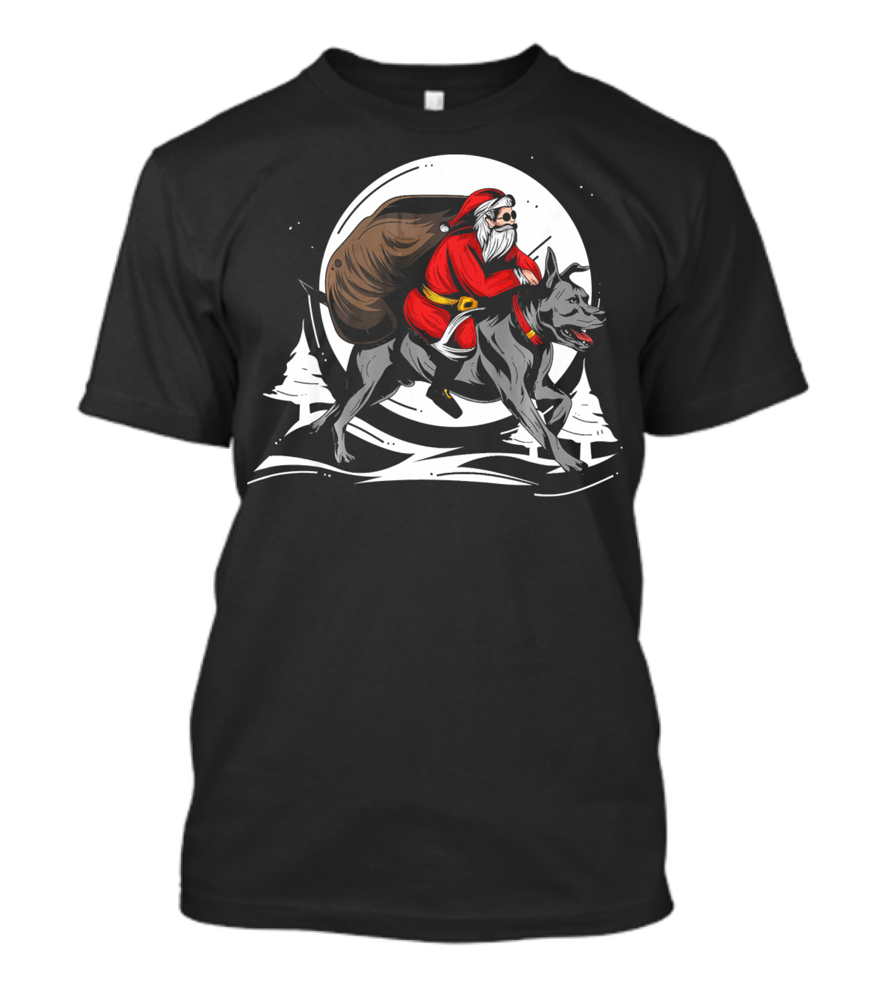 Santa Deliveries Riding Christmas Wolf Under Full Moon T-Shirt
