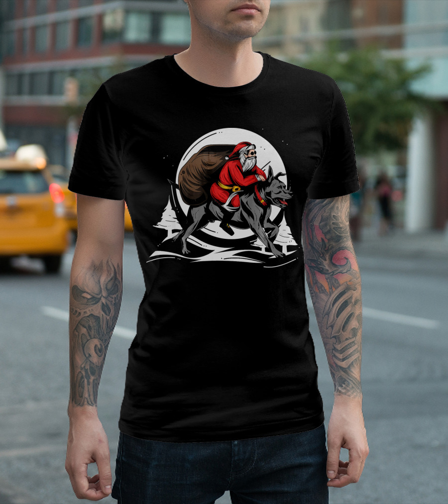Santa Deliveries Riding Christmas Wolf Under Full Moon T-Shirt