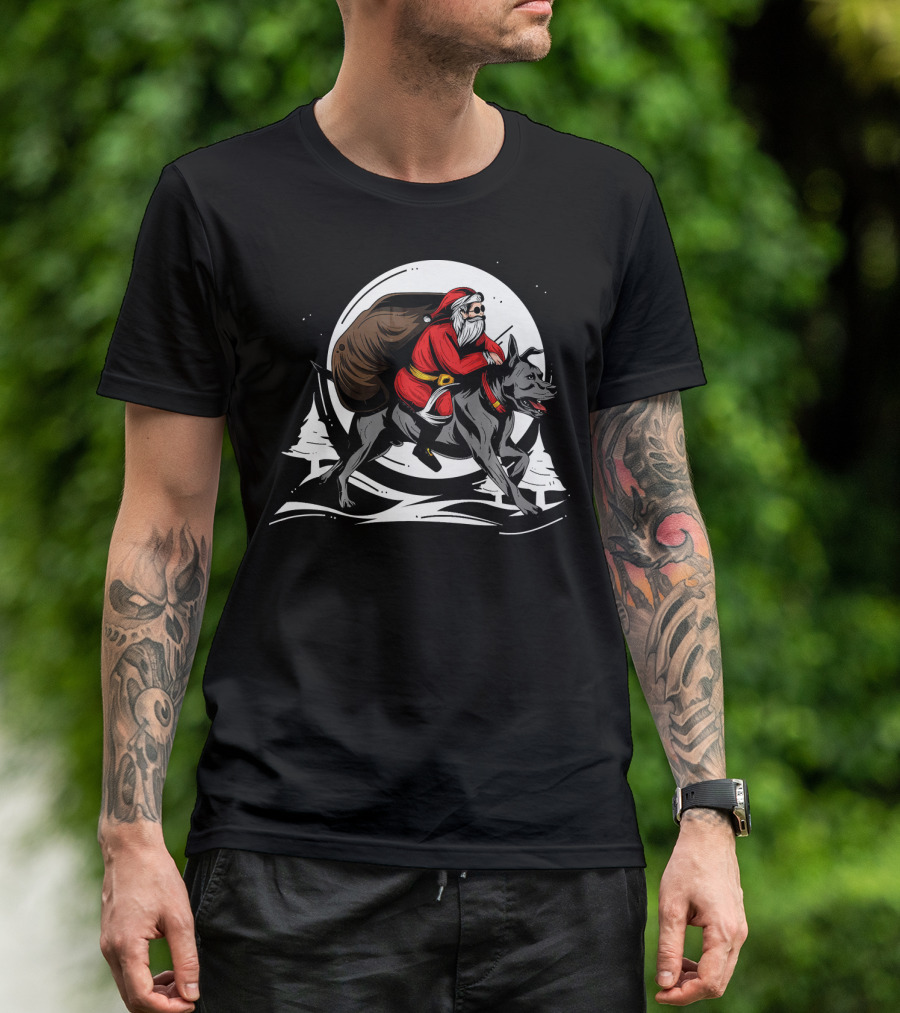 Santa Deliveries Riding Christmas Wolf Under Full Moon T-Shirt