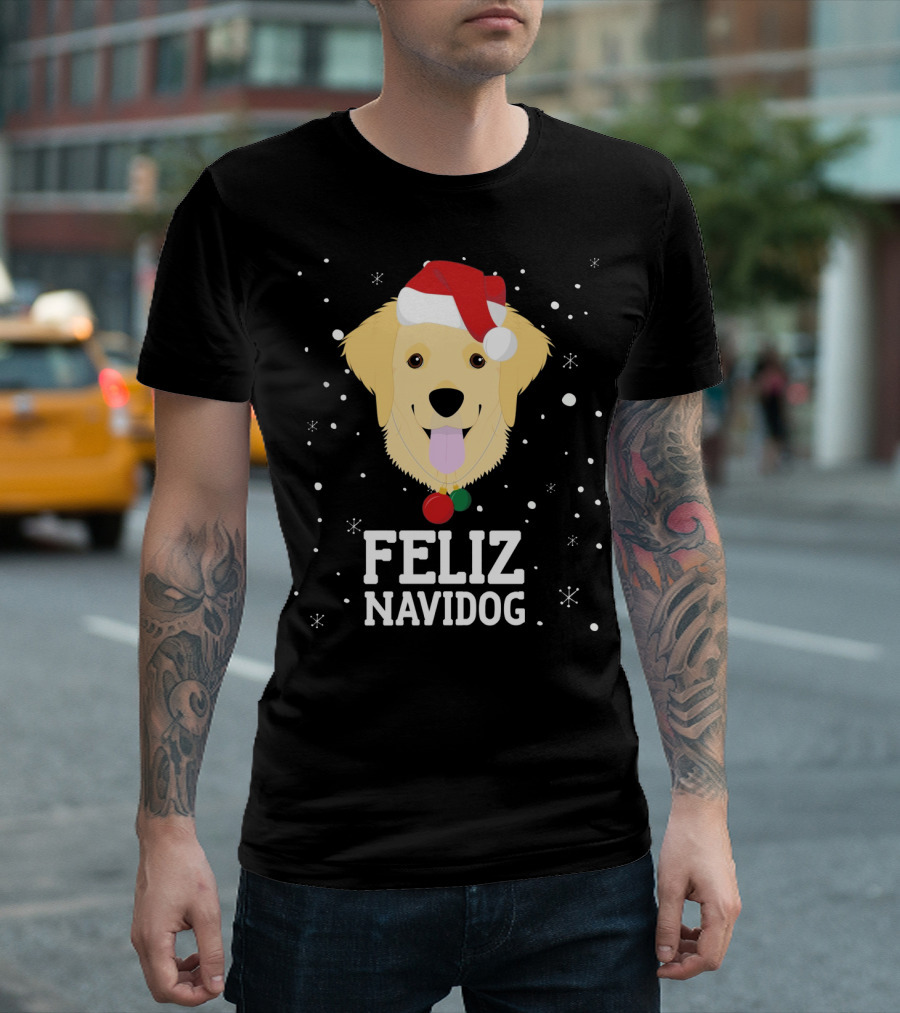 Feliz Navidog Christmas Dog Golden Ret Santa Hat T-Shirt