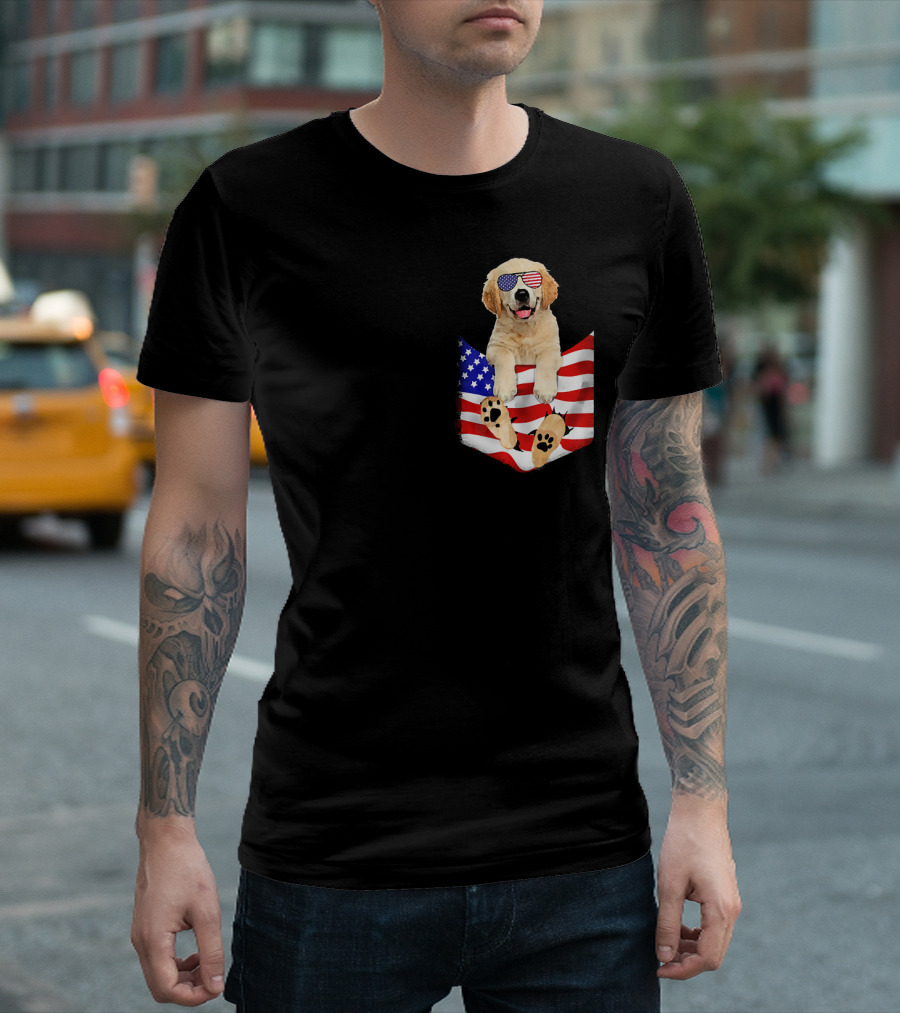 Golden Retriever Wearing American Flag Sunglasses in Patriotic Pocket T-Shirt