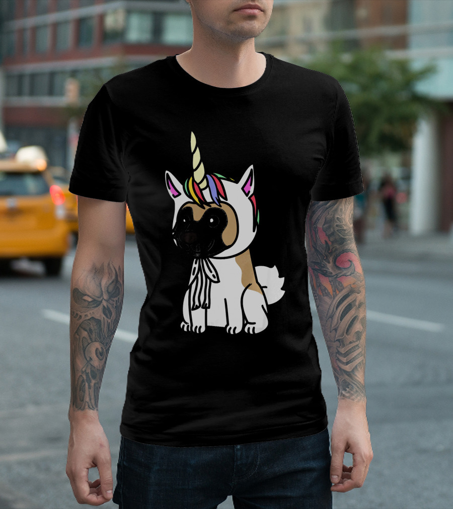 Akita Dog With Rainbow Unicorn Hat Funny T-Shirt