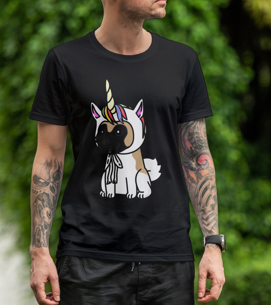Akita Dog With Rainbow Unicorn Hat Funny T-Shirt