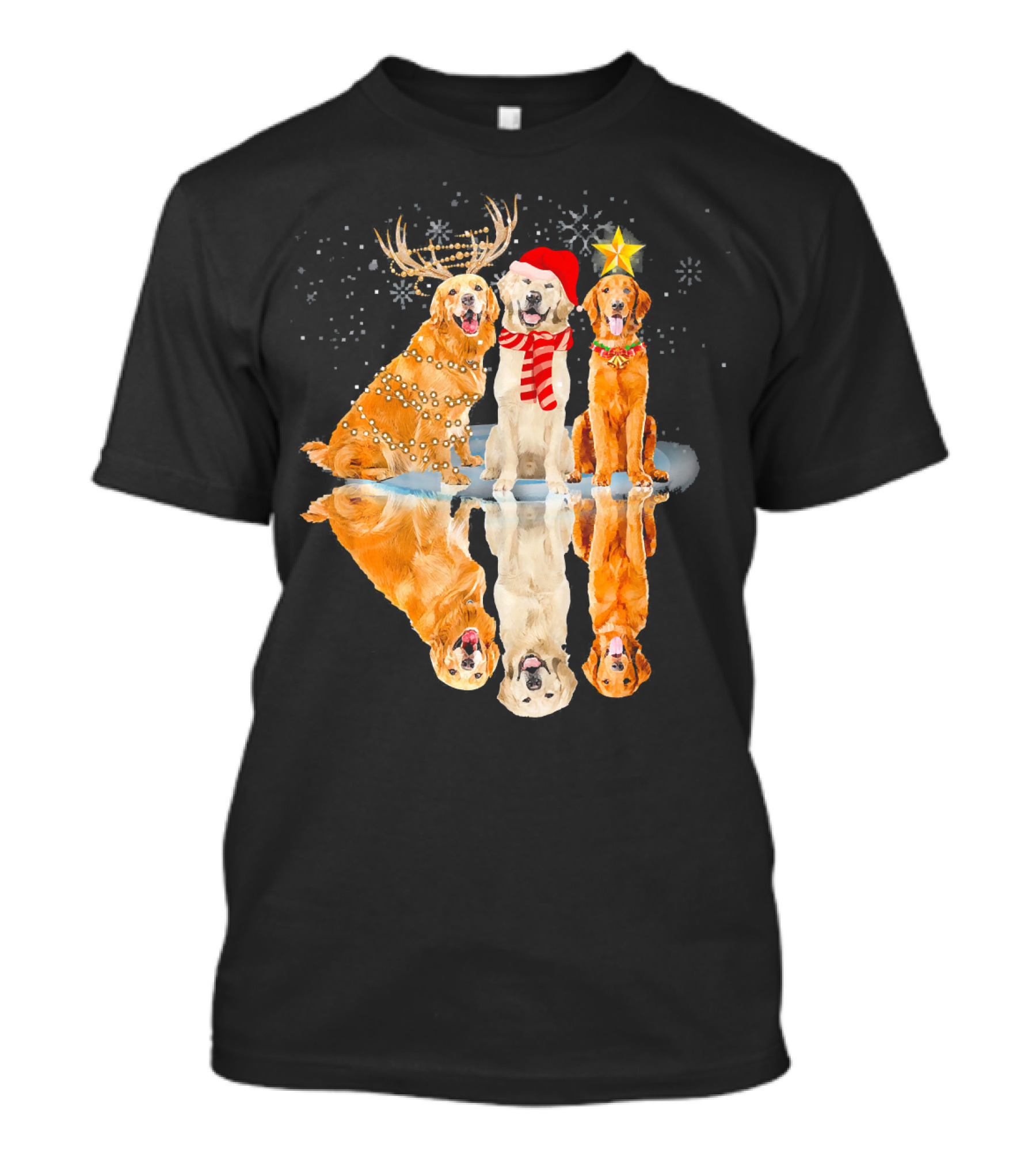 Three Golden Retriever Dog Christmas Reflection With Reindeer Antlers Santa Hat Star T-Shirt