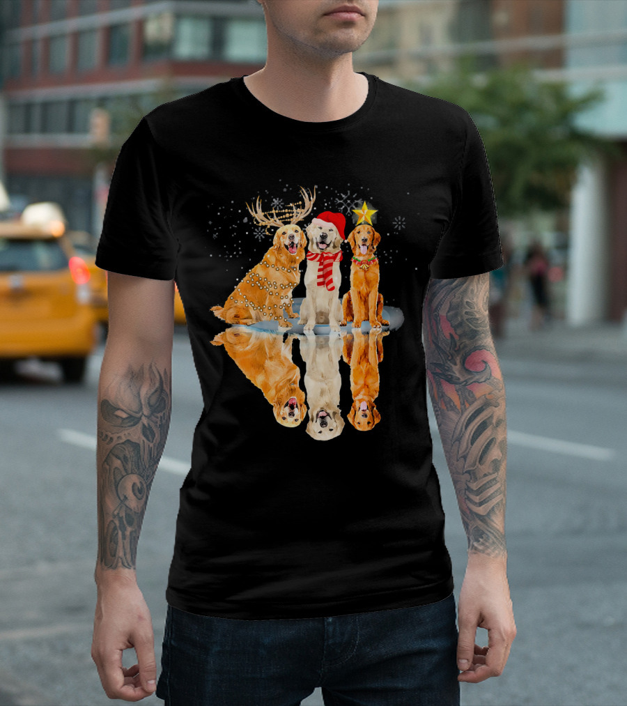 Three Golden Retriever Dog Christmas Reflection With Reindeer Antlers Santa Hat Star T-Shirt