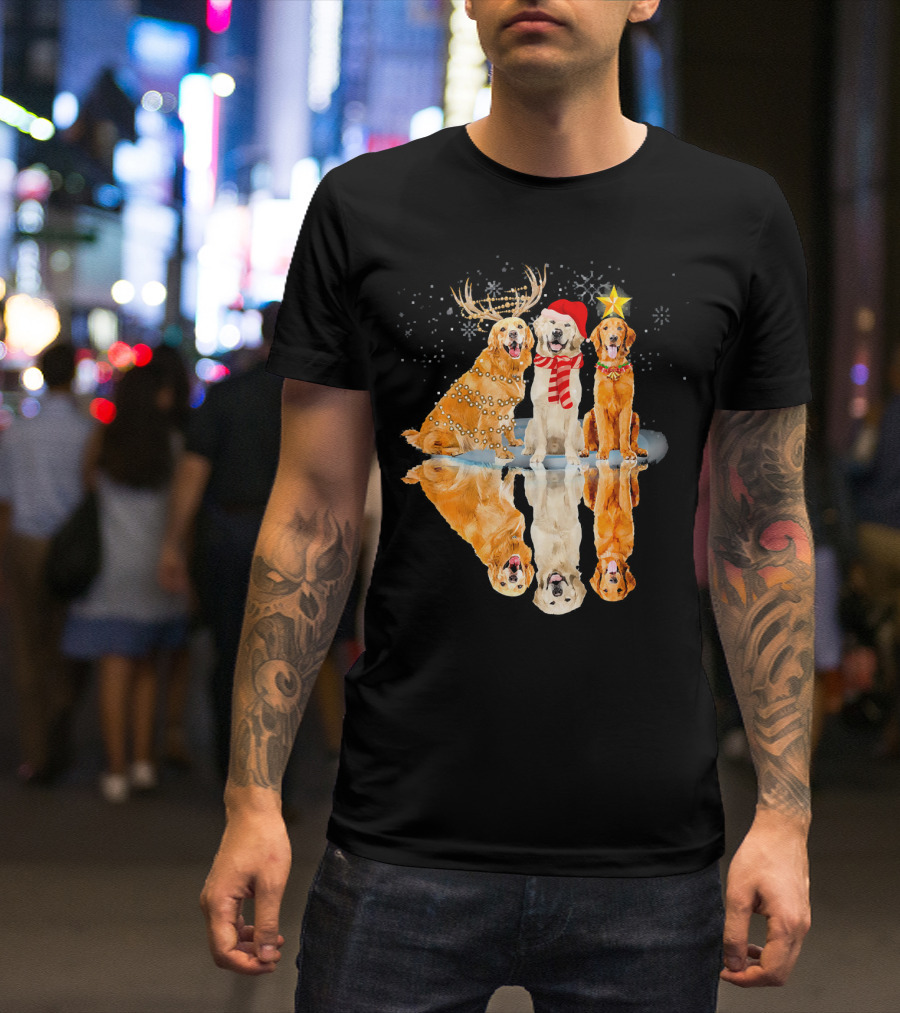 Three Golden Retriever Dog Christmas Reflection With Reindeer Antlers Santa Hat Star T-Shirt