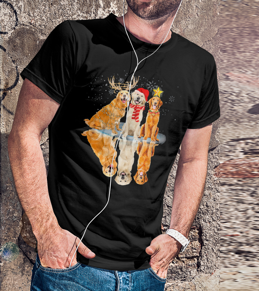 Three Golden Retriever Dog Christmas Reflection With Reindeer Antlers Santa Hat Star T-Shirt