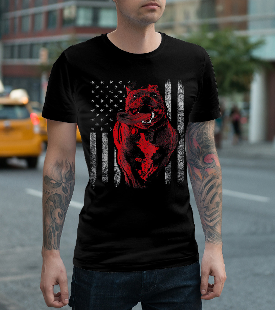 Mens American Bully Pit Bull Dog With American Flag T-Shirt