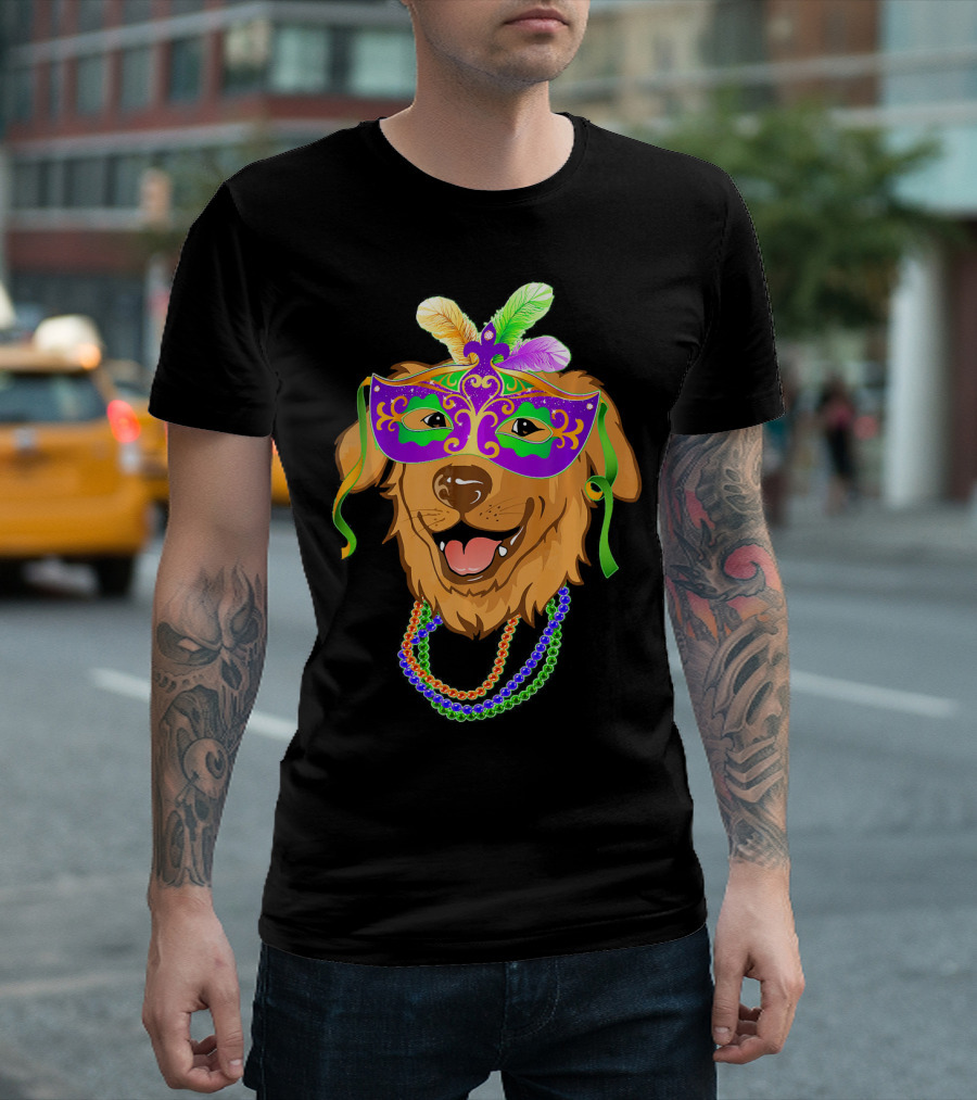 Mardi Gras Golden Retriever Mask Beads Carnival T-Shirt