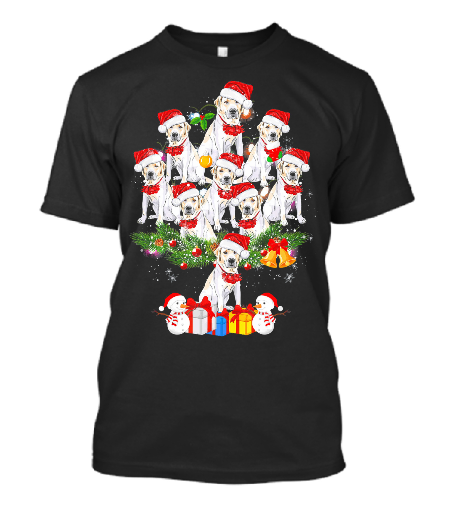Labrador Retriever Christmas Tree With Santa Hats Snowmen And Presents T-Shirt