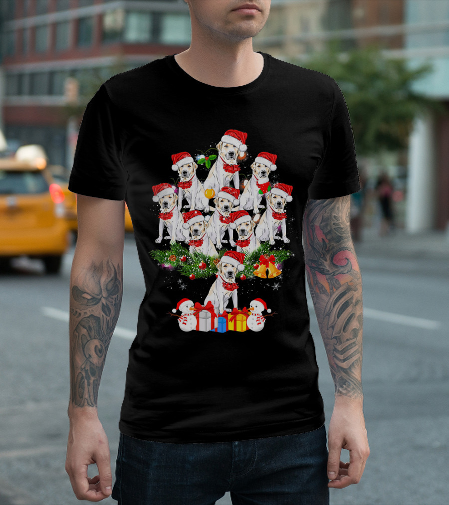 Labrador Retriever Christmas Tree With Santa Hats Snowmen And Presents T-Shirt