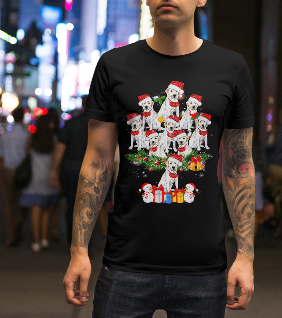Labrador Retriever Christmas Tree With Santa Hats Snowmen And Presents T-Shirt