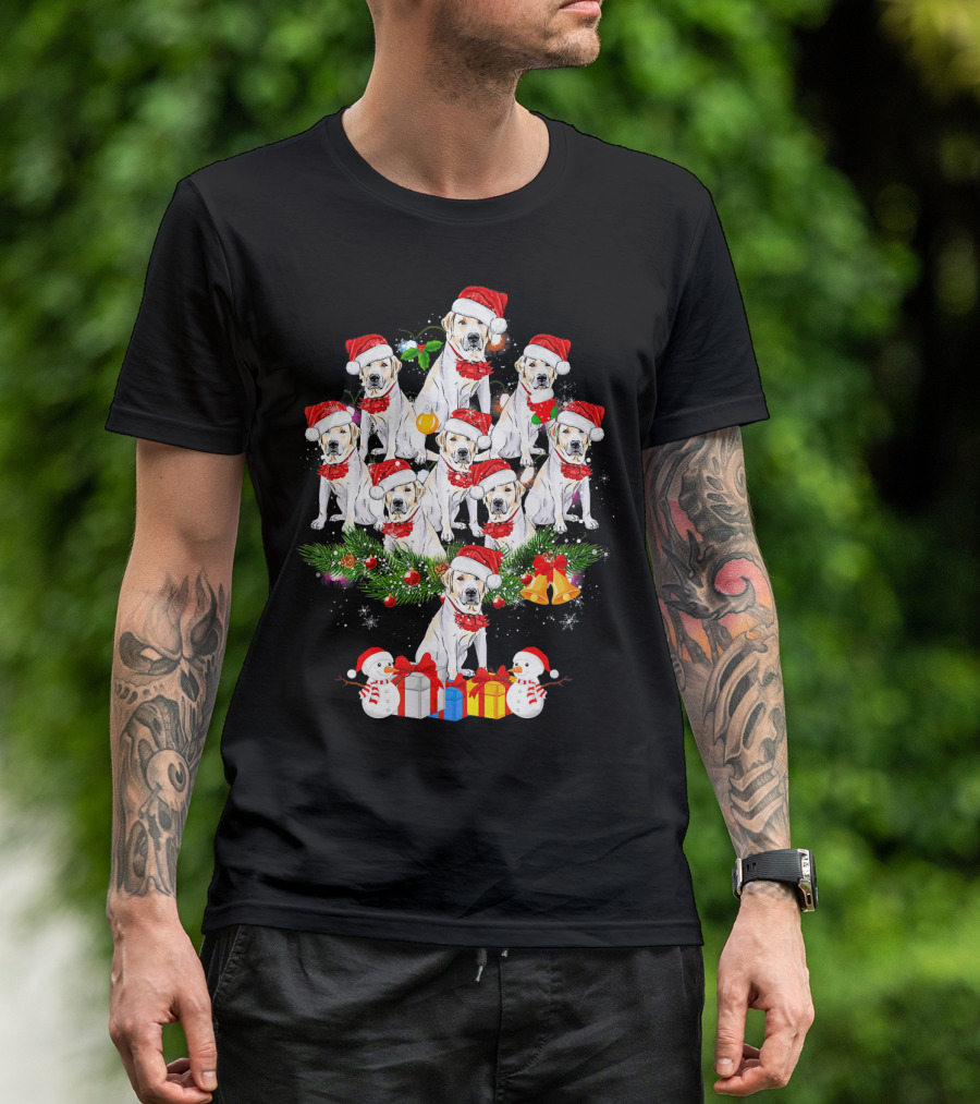 Labrador Retriever Christmas Tree With Santa Hats Snowmen And Presents T-Shirt