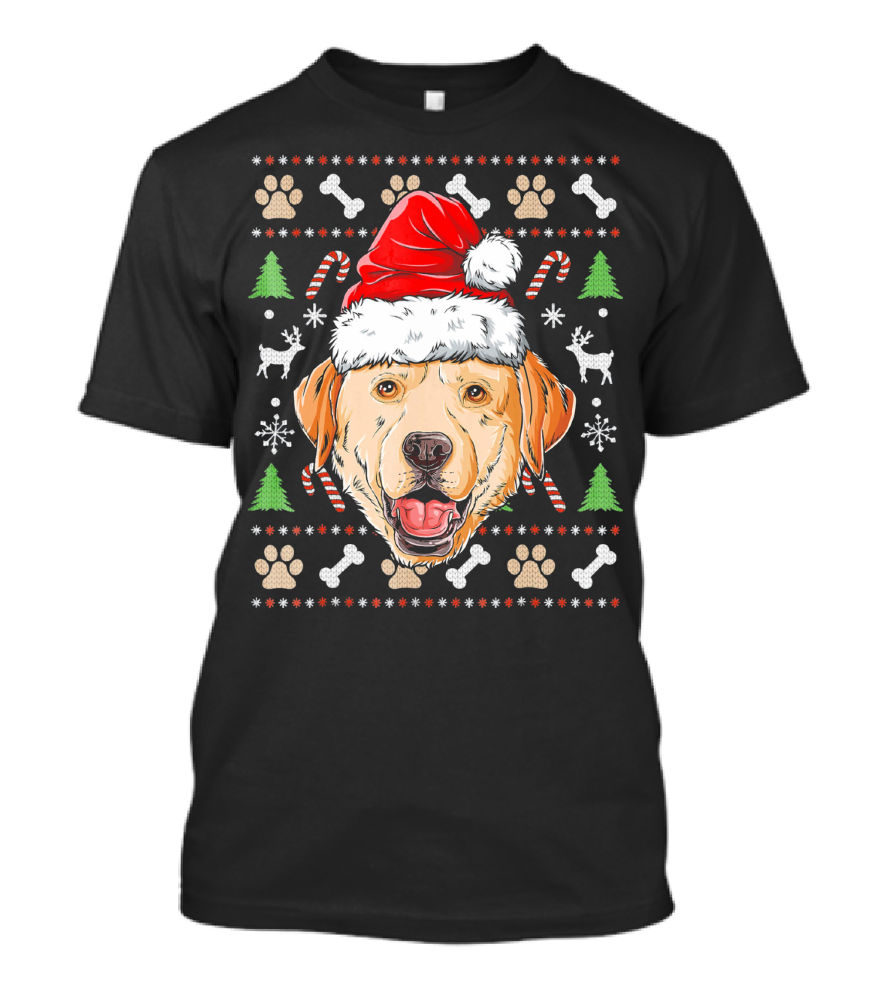 Labrador Santa Hat Ugly Christmas Sweater Candy Canes And Paw Prints T-Shirt