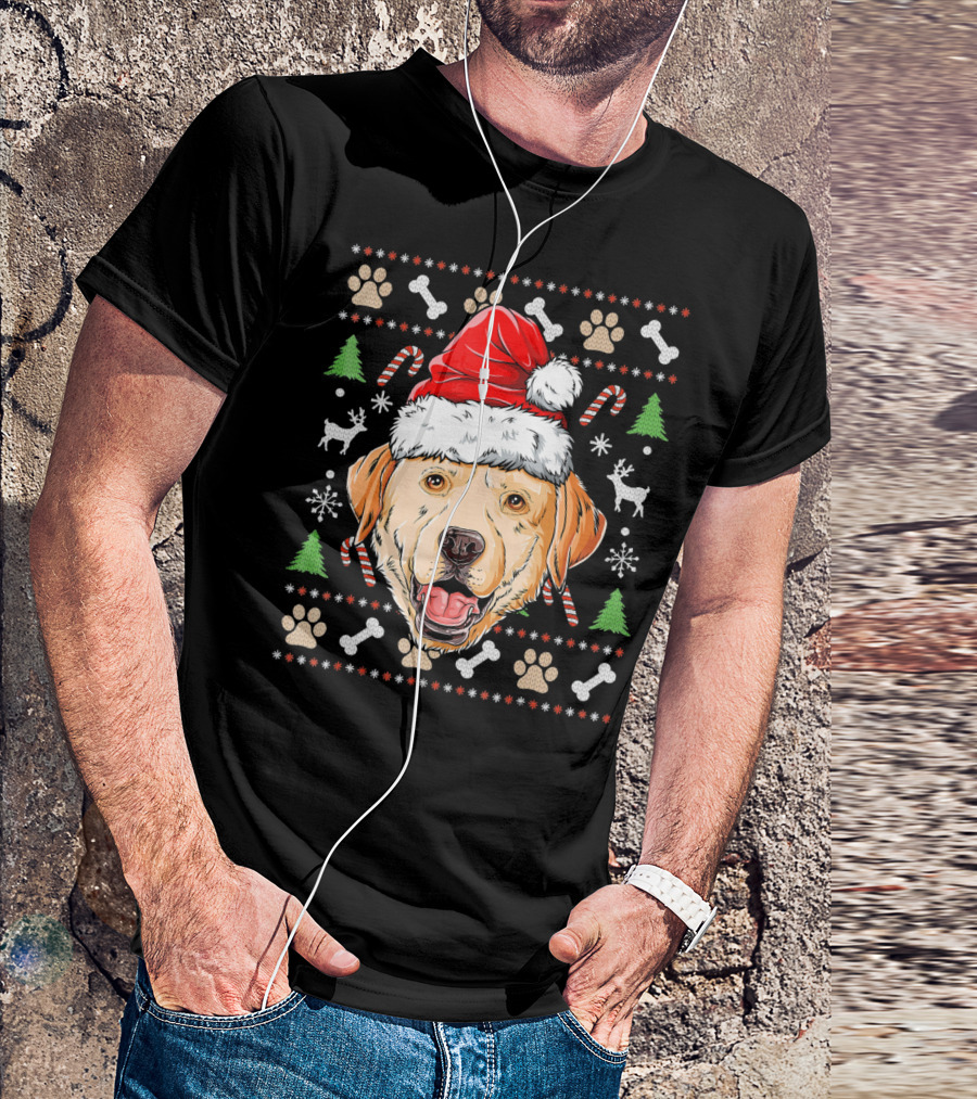 Labrador Santa Hat Ugly Christmas Sweater Candy Canes And Paw Prints T-Shirt