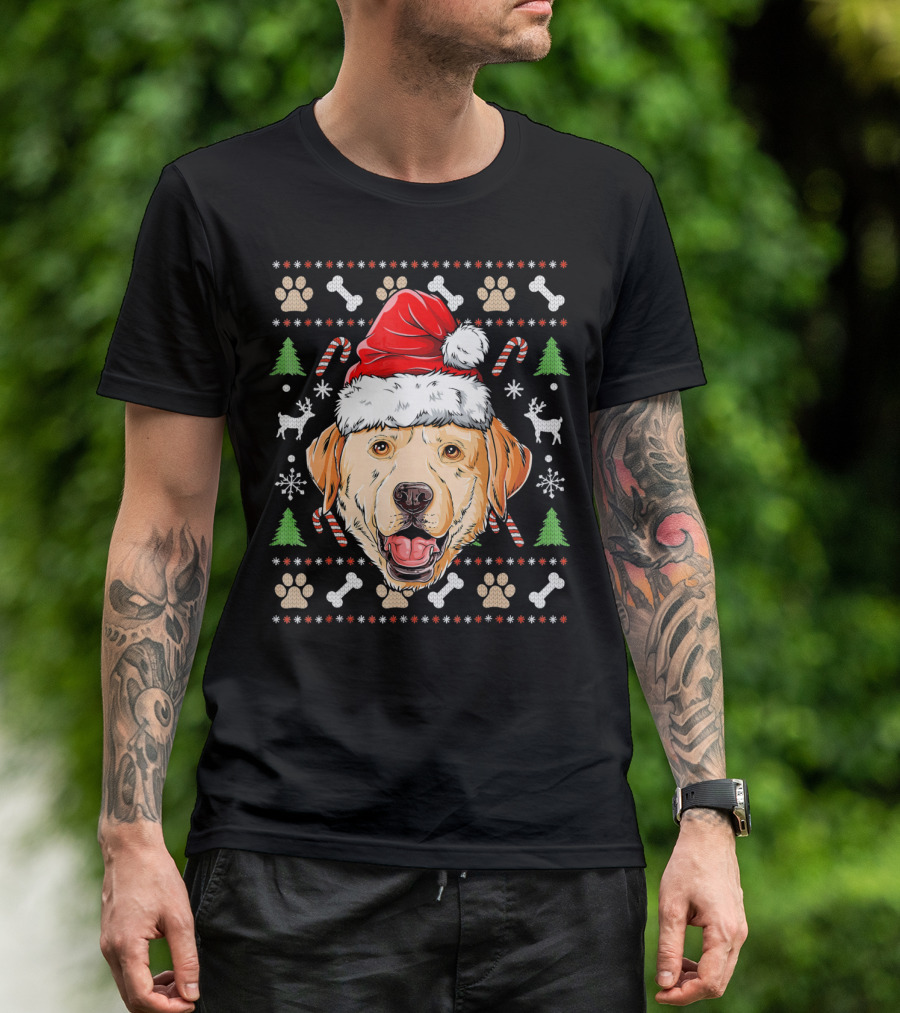 Labrador Santa Hat Ugly Christmas Sweater Candy Canes And Paw Prints T-Shirt
