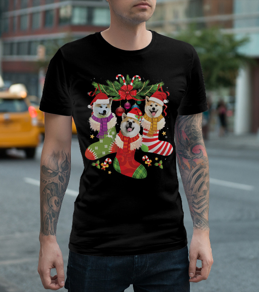 Three Akita Dog Puppies in Christmas Stockings with Santa Hats and Holiday Decorations T-Shirt