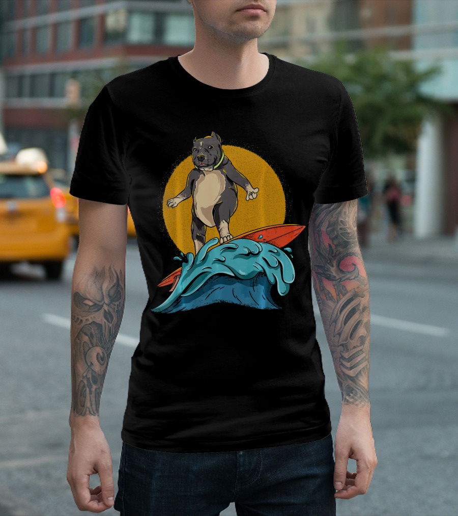 Surfing Pitbull Funny Hawaiian Pit Bul Sunset Wave T-Shirt