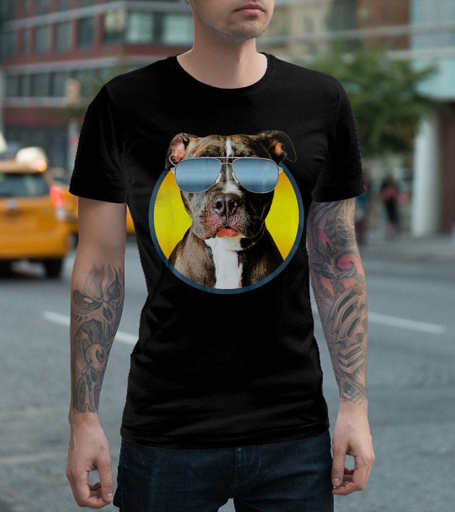 Pitbull With Shades On Yellow Background Funny Pit Bull T-Shirt