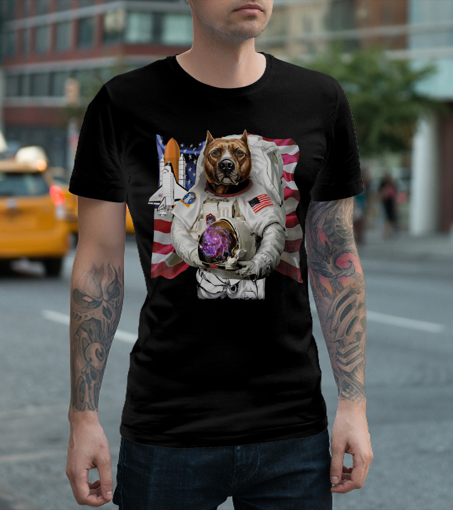 Patriotic Pit Bull Astronaut with USA Flag and Space Shuttle T-Shirt