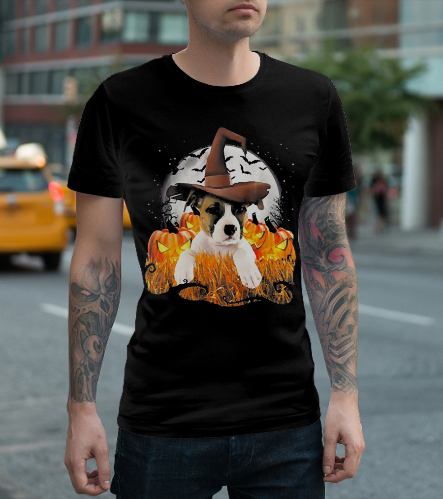 Pit Bull Halloween Cute Dog Witch with Pumpkins and Full Moon T-Shirt