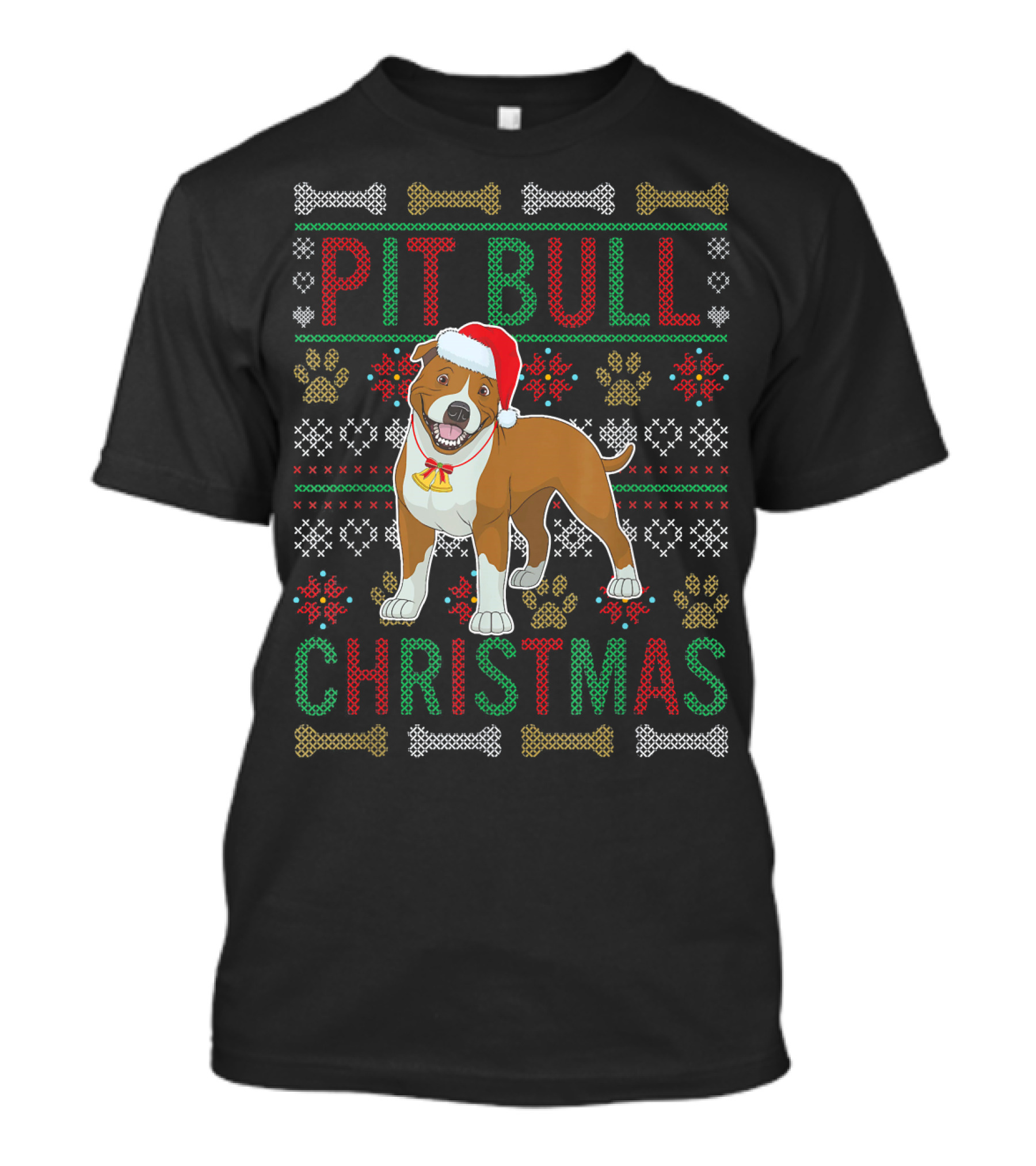 Santa Hat Pit Bull Christmas Paw Bones T-Shirt