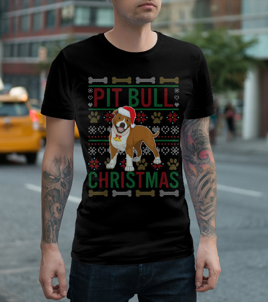 Santa Hat Pit Bull Christmas Paw Bones T-Shirt