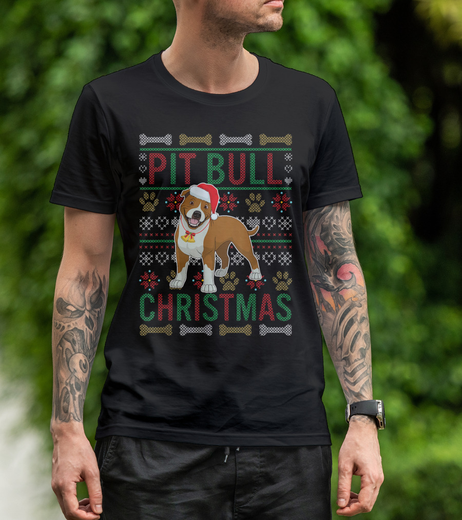 Santa Hat Pit Bull Christmas Paw Bones T-Shirt
