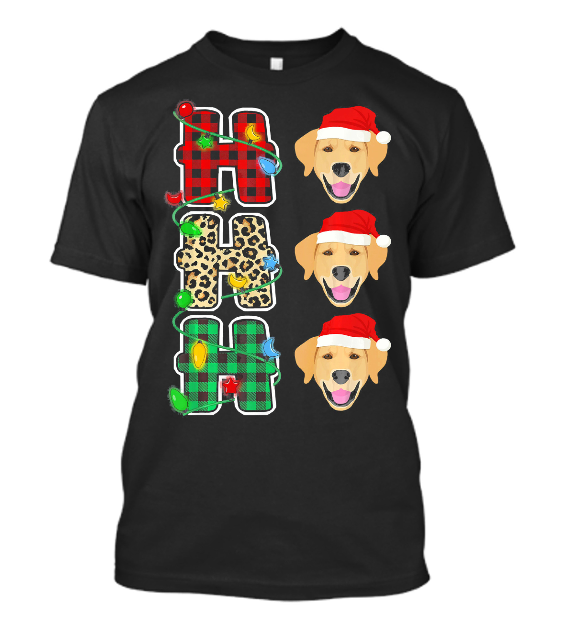HO HO HO Santa Hat Golden Retriever Christmas Lights Plaid Leopard T-Shirt