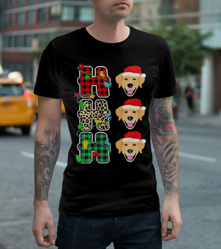 HO HO HO Santa Hat Golden Retriever Christmas Lights Plaid Leopard T-Shirt