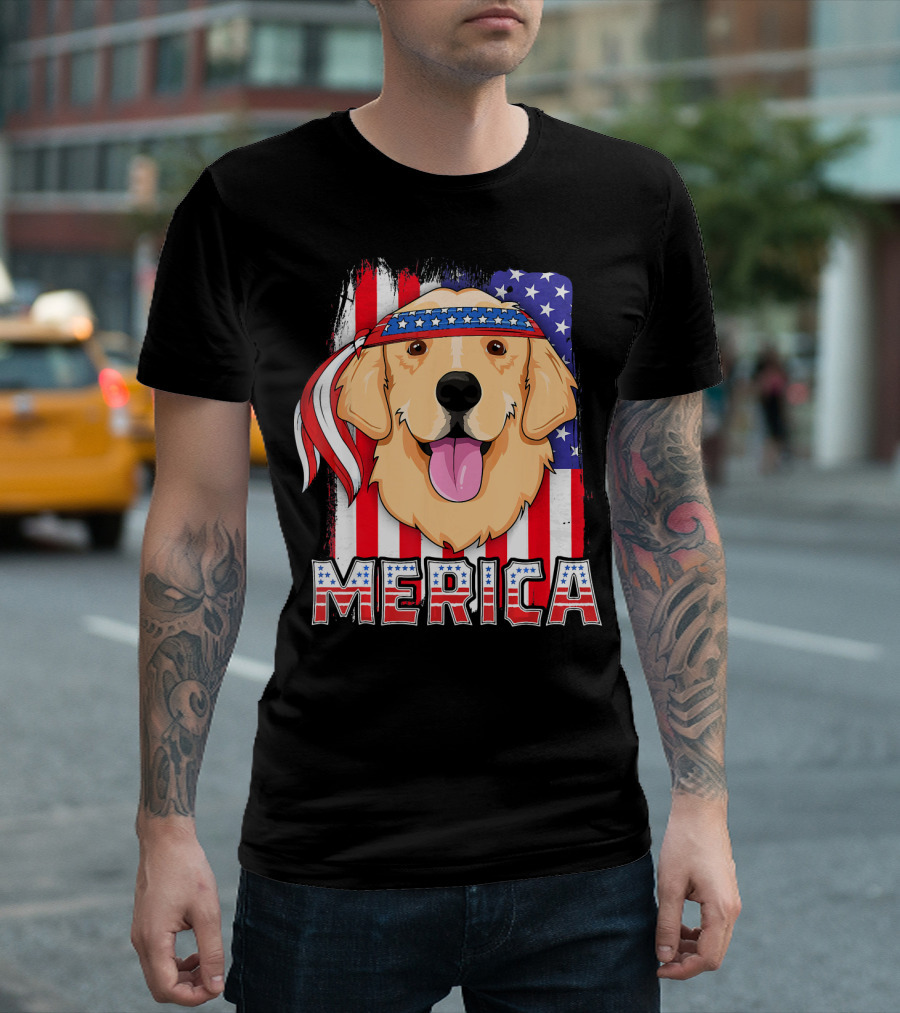 Merica Golden Retriever with American Flag Bandana 4th of July T-Shirt