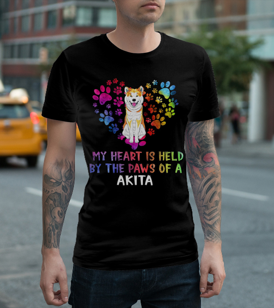 My Heart Is Held By The Paws Of A Colorful Akita Dog And Rainbow Heart Paws T-Shirt