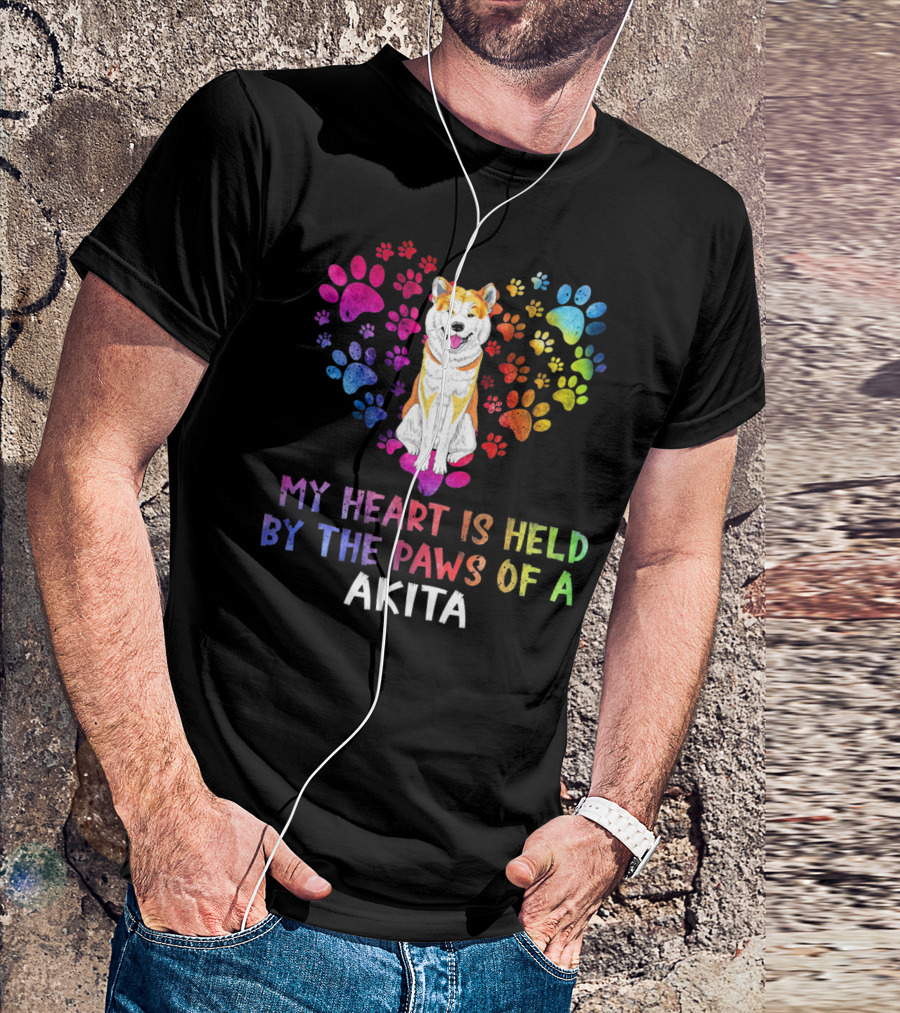 My Heart Is Held By The Paws Of A Colorful Akita Dog And Rainbow Heart Paws T-Shirt