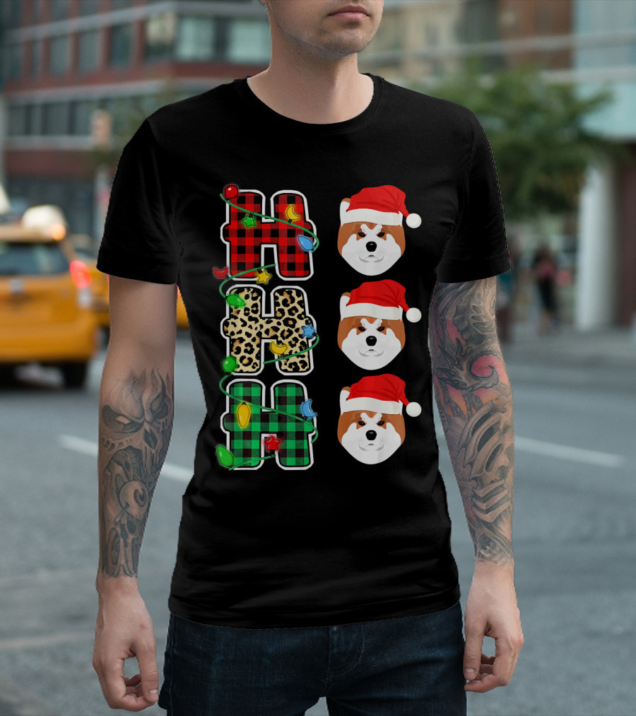 HO HO HO Plaid Leopard Santa Hat Akita Christmas Lights T-Shirt